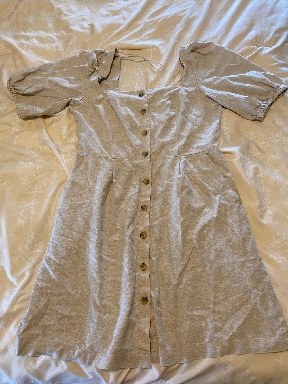 Old Navy Light Gray Puff-Sleeve Button-Front Mini Dress